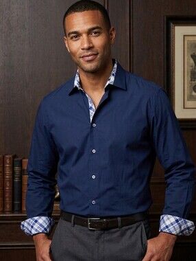 COOGI Luxe Long Sleeve Button Down Shirt Navy Blue Plaid Trim Size L 16.5/17